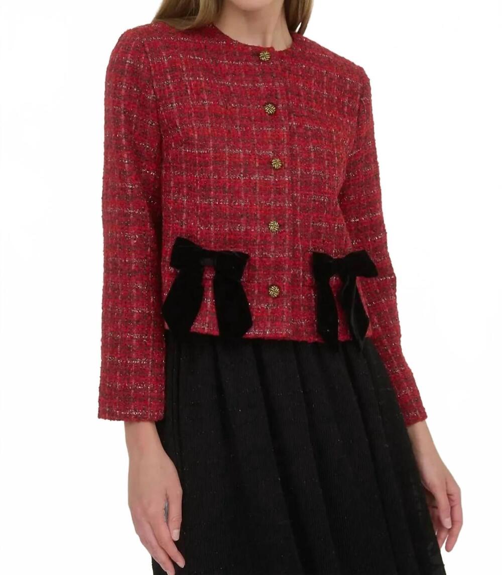 NEW MOON RIVER plaid tweed velvet bow jacket in red